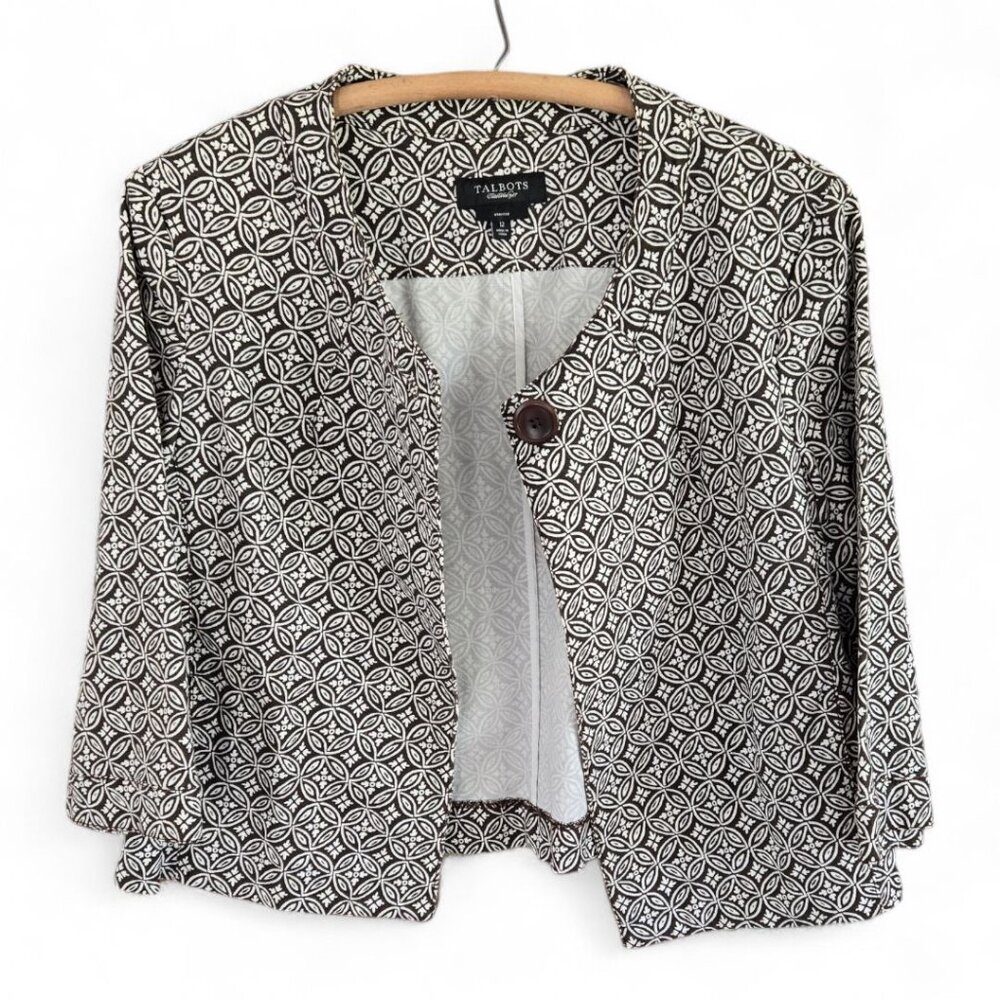 Talbots Womens Short Swing Jacket Size 12 Brown & White Patterned Button-Front - Picture 2 of 7